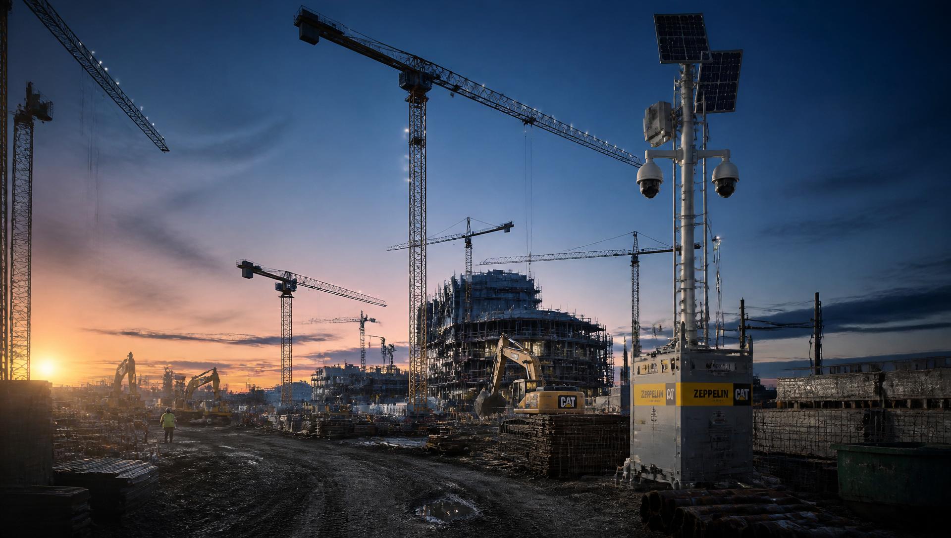 Großbaustelle in der Dämmerung mit montiertem Videoturm und beleuchteten Kranen